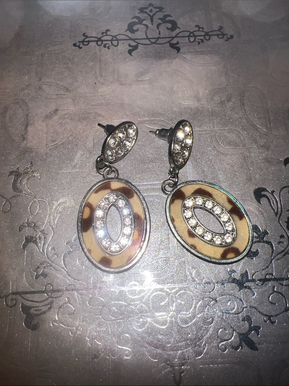 Leopard Print Oval Drop Earrings with Crystal Accents